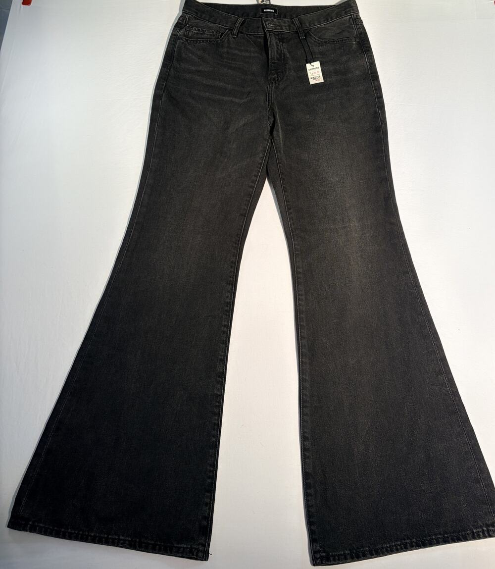 Express 70s Flare Mid Rise Jeans Dark Gray Black Wash NWT